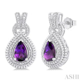8X5 MM Pear Cut Amethyst and 1/20 ctw Round Cut Diamond Semi Precious Earring in Sterling Silver