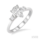 1/2 ctw Baguette and Pear Cut Diamond Ladies Engagement Ring with 1/3 ct Pear Cut Center Stone in 14K White Gold