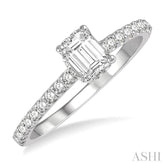 1/2 ctw Round Cut Diamond Ladies Engagement Ring With 1/4 ct Emerald Cut Center Stone in 14K White Gold