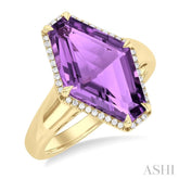 16x10 MM Hexagon Shape Amethyst and 1/10 ctw Round Cut Diamond Halo Semi Precious Ring in 14K Yellow Gold