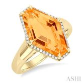 16x10 MM Hexagon Shape Citrine and 1/10 ctw Round Cut Diamond Halo Semi Precious Ring in 14K Yellow Gold
