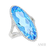 26x10 MM Oval Cut Blue Topaz and 1/2 ctw Round Cut Diamond Halo Semi Precious Ring in 14K White Gold