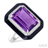 14x10 MM Emerald Cut Amethyst and 1/5 ctw Round Cut Diamond Halo & Black Enamel Border Semi Precious Ring in 14K White Gold