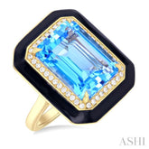 14x10 MM Emerald Cut Blue Topaz and 1/5 ctw Round Cut Diamond Halo & Black Enamel Border Semi Precious Ring in 14K Yellow Gold