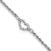 14k White Gold Diamond-cut Open Heart and Rope Chain 10 inch Anklet