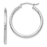 14k White Gold 2x25mm Diamond-cut Round Tube Hoop Earrings