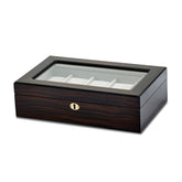 Luxury Giftware by Jere High Gloss Ebony Finish Veneer Beveled Glass Lid Locking Wooden 10-Watch Case