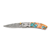 Luxury Giftware Damascus Steel 256 Layer Spiny Oyster and Turquoise Handle Folding Blade Knife with Leather Sheath and Wooden Gift Box