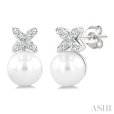 6 MM Cultured Pearl and 1/10 Ctw Round Cut Diamond Floral Fashion Earrings in 14K White Gold