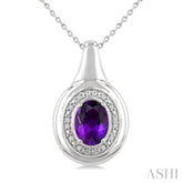 8X6 MM Oval Shape Amethyst and 1/20 Ctw Round Cut Diamond Semi-precious Pendant With Chain in Sterling Silver