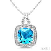 10 MM Cushion Shape Blue Topaz and 1/20 Ctw Round Cut Diamond Semi-precious Pendant With Chain in Sterling Silver