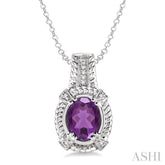 9x7 MM Oval Cut Amethyst and 1/50 Ctw Round Cut Diamond Pendant in Sterling Silver with Chain