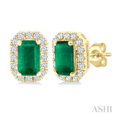 5x3 MM Octagonal Shape Emerald and 1/8 Ctw Round Cut Diamond Halo Precious Stud Earrings in 10K Yellow Gold