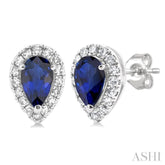 5x3 MM Pear Shape Sapphire and 1/8 Ctw Single Cut Diamond Halo Precious Stud Earrings in 10K White Gold