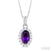 5x3 MM Oval Shape Amethyst and 1/20 Ctw Single Cut Diamond Halo Semi-Precious Pendant with Chain in 10K White Gold