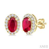 5x3 MM Oval Shape Ruby and 1/8 Ctw Round Cut Diamond Halo Precious Stud Earrings in 10K Yellow Gold