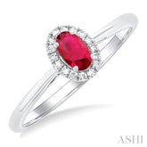 5x3 MM Oval Shape Ruby and 1/20 Ctw Round Cut Diamond Halo Precious Ring in 10K White Gold