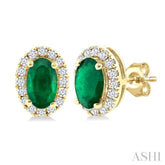 5x3 MM Oval Shape Emerald and 1/8 Ctw Round Cut Diamond Halo Precious Stud Earrings in 10K Yellow Gold