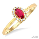 5x3 MM Oval Shape Ruby and 1/20 Ctw Round Cut Diamond Halo Precious Ring in 10K Yellow Gold