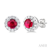 3.25 MM Round Ruby and 1/10 Ctw Single Cut Diamond Halo Precious Stud Earrings in 10K White Gold