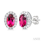 5x3 MM Oval Shape Pink Tourmaline and 1/8 Ctw Round Cut Diamond Halo Semi-Precious Stud Earrings in 10K White Gold