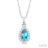5x3 MM Pear Shape Blue Topaz and 1/20 Ctw Round Cut Diamond Halo Semi-Precious Pendant with Chain in 10K White Gold