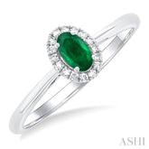 5x3 MM Oval Shape Emerald and 1/20 Ctw Round Cut Diamond Halo Precious Ring in 14K White Gold