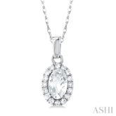 5x3 MM Oval Shape White Topaz and 1/20 Ctw Round Cut Diamond Halo Semi-Precious Pendant with Chain in 14K White Gold