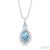 5x3 MM Pear Shape Aquamarine and 1/20 Ctw Round Cut Diamond Halo Semi-Precious Pendant with Chain in 10K White Gold