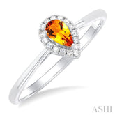 5x3 MM Pear Shape Citrine and 1/20 Ctw Single Cut Diamond Halo Semi-Precious Ring in 14K White Gold