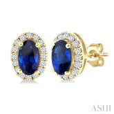 5x3 MM Oval Shape Sapphire and 1/8 Ctw Round Cut Diamond Halo Precious Stud Earrings in 10K Yellow Gold