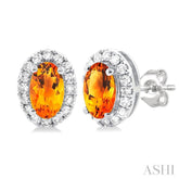 5x3 MM Oval Shape Citrine and 1/8 Ctw Round Cut Diamond Halo Semi-Precious Stud Earrings in 14K White Gold
