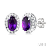 5x3 MM Oval Shape Amethyst and 1/8 Ctw Round Cut Diamond Halo Semi-Precious Stud Earrings in 14K White Gold