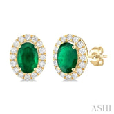 6x4 MM Oval Shape Emerald and 1/4 Ctw Round Cut Diamond Halo Precious Stud Earrings in 14K Yellow Gold