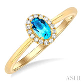 5x3 MM Oval Shape Blue Topaz and 1/20 Ctw Round Cut Diamond Halo Semi-Precious Ring in 10K Yellow Gold