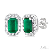 5x3 MM Octagonal Shape Emerald and 1/8 Ctw Single Cut Diamond Halo Precious Stud Earrings in 14K White Gold