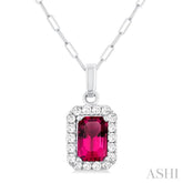 6x4 MM Octagonal Shape Pink Tourmaline and 1/6 Ctw Round Cut Diamond Halo Semi-Precious Pendant with Chain in 14K White Gold
