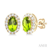5x3 MM Oval Shape Peridot and 1/8 Ctw Round Cut Diamond Halo Semi-Precious Stud Earrings in 10K Yellow Gold