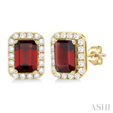 6x4 MM Octagonal Shape Garnet and 1/4 Ctw Round Cut Diamond Halo Semi-Precious Stud Earrings in 10K Yellow Gold