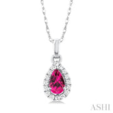 5x3 MM Pear Shape Pink Tourmaline and 1/20 Ctw Single Cut Diamond Halo Semi-Precious Pendant with Chain in 14K White Gold