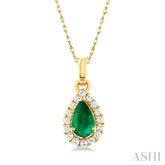 5x3 MM Pear Shape Emerald and 1/20 Ctw Round Cut Diamond Halo Precious Pendant with Chain in 14K Yellow Gold