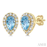 5x3 MM Pear Shape Aquamarine and 1/8 Ctw Round Cut Diamond Halo Semi-Precious Stud Earrings in 10K Yellow Gold