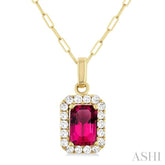 6x4 MM Octagonal Shape Pink Tourmaline and 1/6 Ctw Round Cut Diamond Halo Semi-Precious Pendant with Chain in 14K Yellow Gold