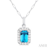 6x4 MM Octagonal Shape Blue Topaz and 1/6 Ctw Round Cut Diamond Halo Semi-Precious Pendant with Chain in 14K White Gold