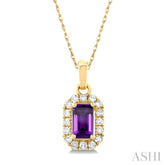 5x3 MM Octagonal Shape Amethyst and 1/20 Ctw Single Cut Diamond Halo Semi-Precious Pendant with Chain in 14K Yellow Gold