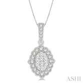 1/4 Ctw Lattice Edge Oval Shape Lovebright Round Cut Diamond Pendant With Chain in 14K White Gold