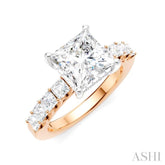 7/8 Ctw Princess Shape Princess and Round Cut Diamond Semi-Mount Engagement Ring in 14K Rose and White Gold