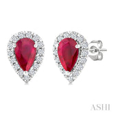 6x4 MM Pear Shape Ruby and 1/4 Ctw Round Cut Diamond Halo Precious Stud Earrings in 14K White Gold