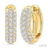 1 Ctw Three-Row Pave Set Round Cut Diamond Fashion Huggies in 14K Yellow Gold