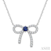 2.40 MM Round Shape Sapphire and 1/8 Ctw Bow Round Cut Diamond Fashion Pendant With Chain in 10k White Gold
